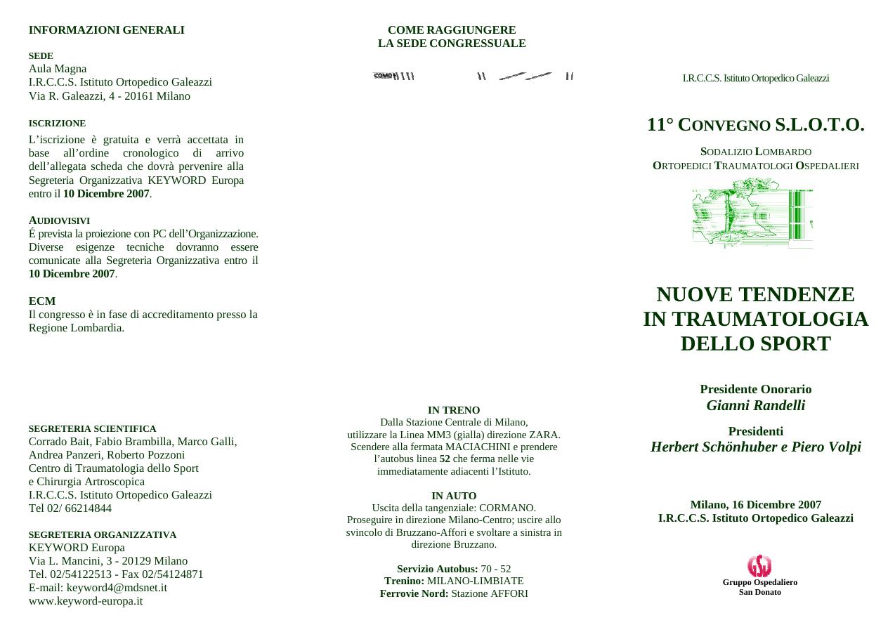 11° Convegno S.L.O.T.O. — Nuove tendenze in traumatologia dello sport